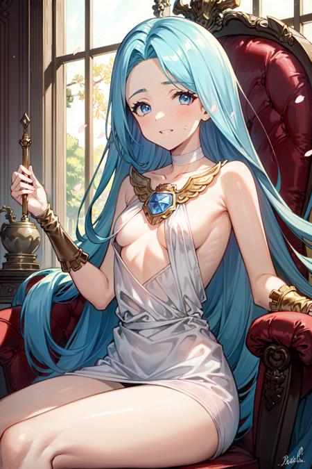 00023-(masterpiece, best quality_1.5), , Lyria, blue hair, long hair, blue eyes, looking at viewer, The queen sits on her throne in th.png